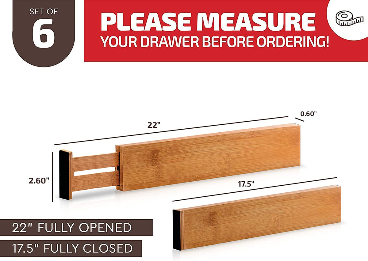 6-Pack Bamboo Drawer Dividers - 2.6 in High, Adjustable 16 to 22 in Expandable Drawer Organizers and Dresser Separators for Clothes, Bedroom, Bathroom, Kitchen, and Office Organization and Storage