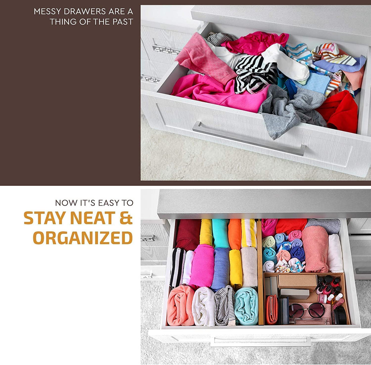 6-Pack Bamboo Drawer Dividers - 2.6 in High, Adjustable 16 to 22 in Expandable Drawer Organizers and Dresser Separators for Clothes, Bedroom, Bathroom, Kitchen, and Office Organization and Storage