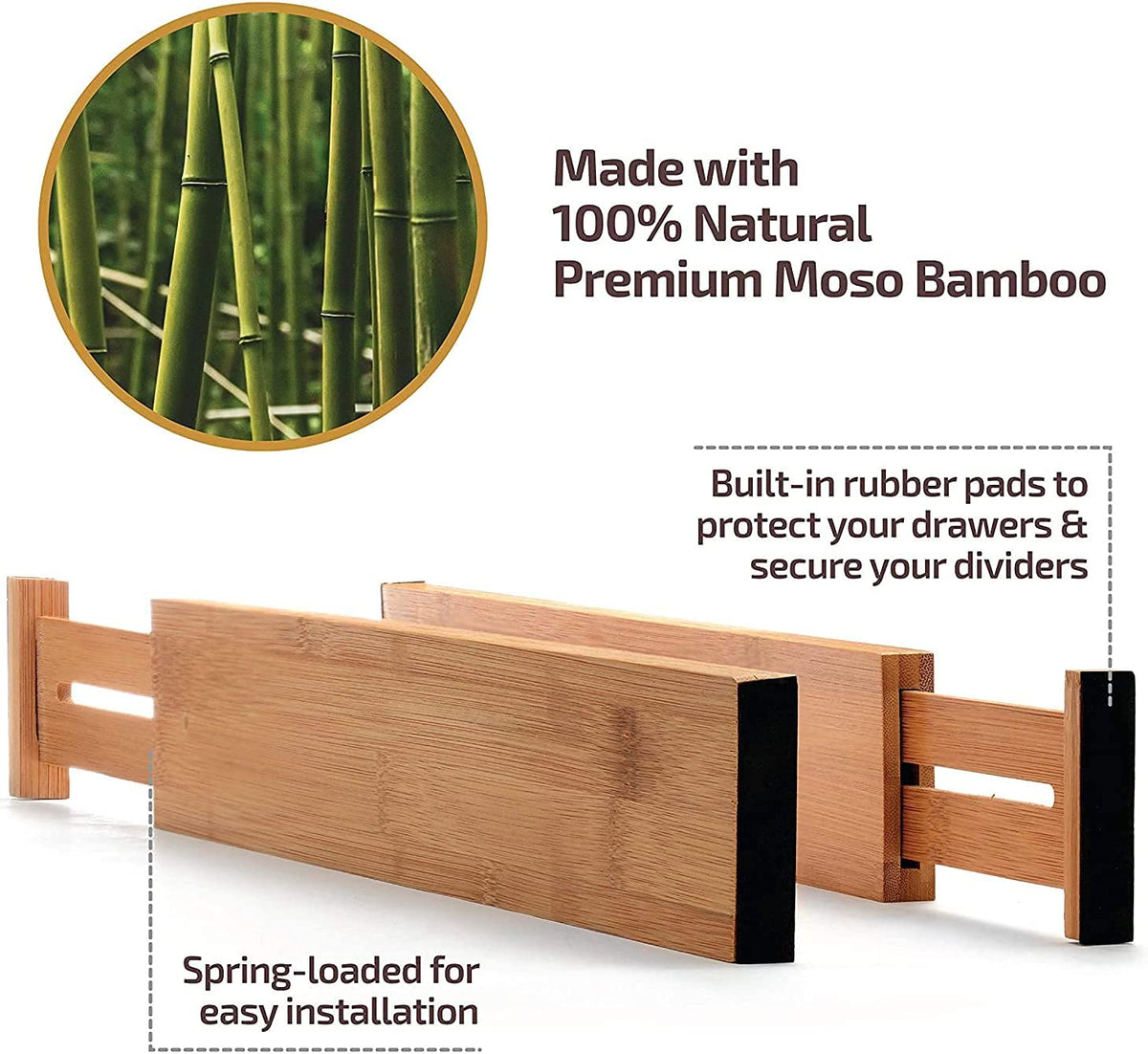 6-Pack Bamboo Drawer Dividers - 2.6 in High, Adjustable 16 to 22 in Expandable Drawer Organizers and Dresser Separators for Clothes, Bedroom, Bathroom, Kitchen, and Office Organization and Storage
