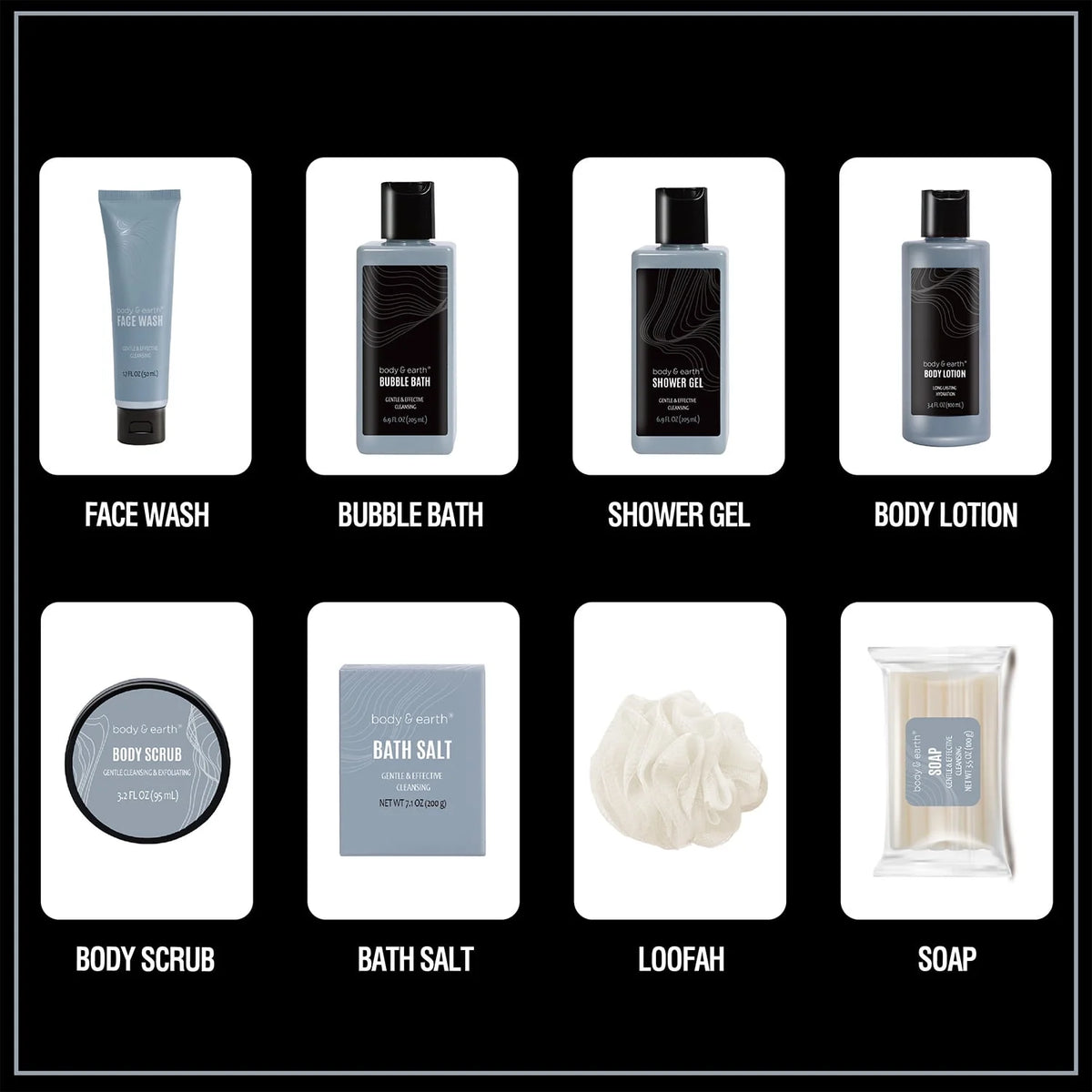 Bath Body Care Spa Gift Basket Sets for Men - 8 Pcs Luxury Leathers Scented Skin Self Care Kit Birthday Gifts for Him Grandpa