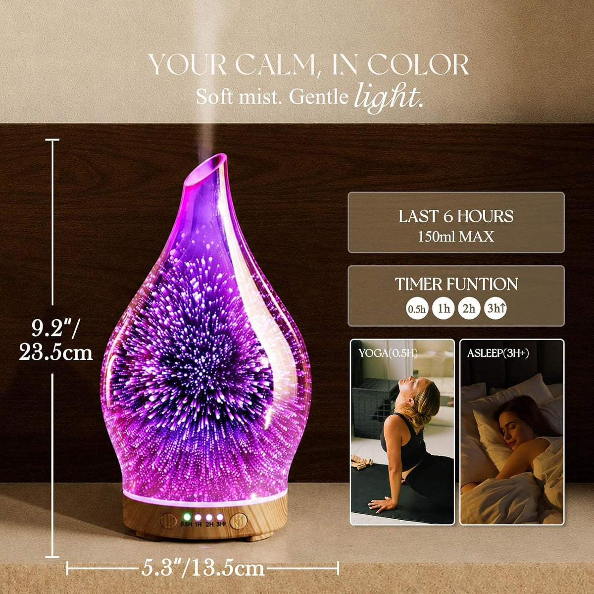 Essential Oil Diffuser 3D Firework Glass Aromatherapy Ultrasonic Humidifier Rose Gold, Auto Shut-Off, Timer Setting, BPA Free, Aroma Decoration for Home, Office, Gym, Spa, Premium Gift 150Ml