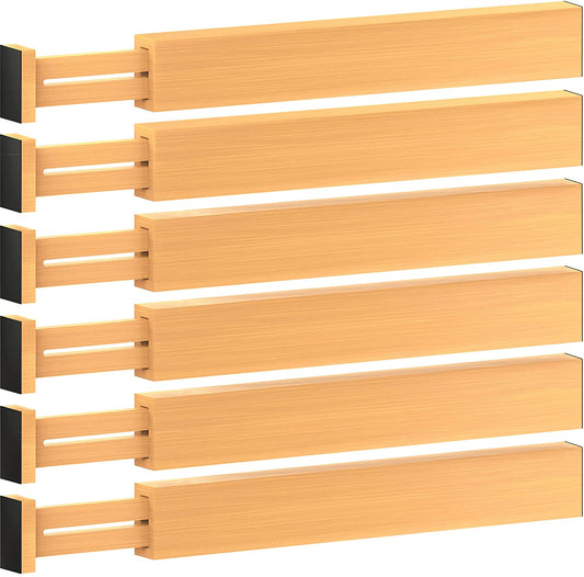 6-Pack Bamboo Drawer Dividers - 2.6 in High, Adjustable 16 to 22 in Expandable Drawer Organizers and Dresser Separators for Clothes, Bedroom, Bathroom, Kitchen, and Office Organization and Storage