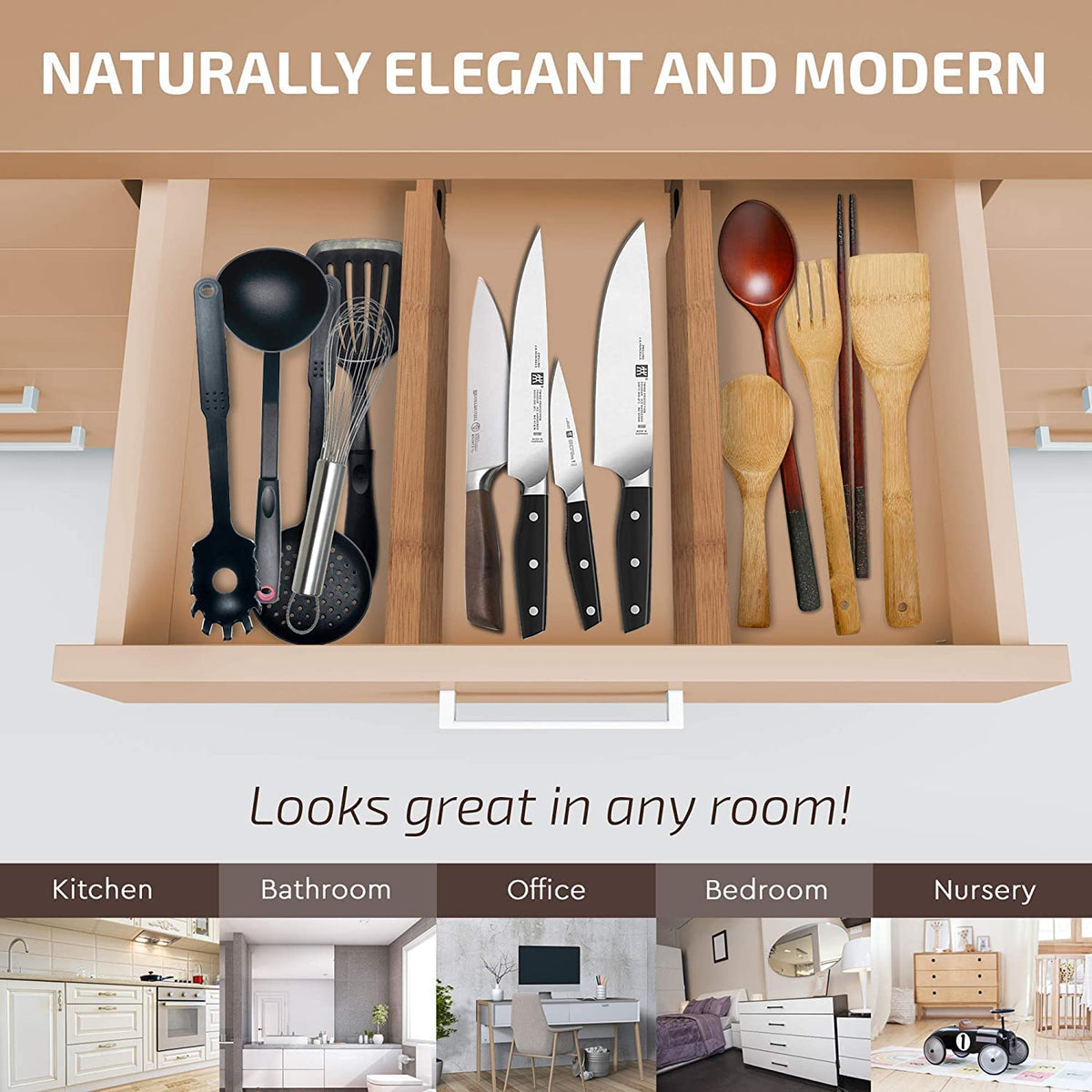 6-Pack Bamboo Drawer Dividers - 2.6 in High, Adjustable 16 to 22 in Expandable Drawer Organizers and Dresser Separators for Clothes, Bedroom, Bathroom, Kitchen, and Office Organization and Storage