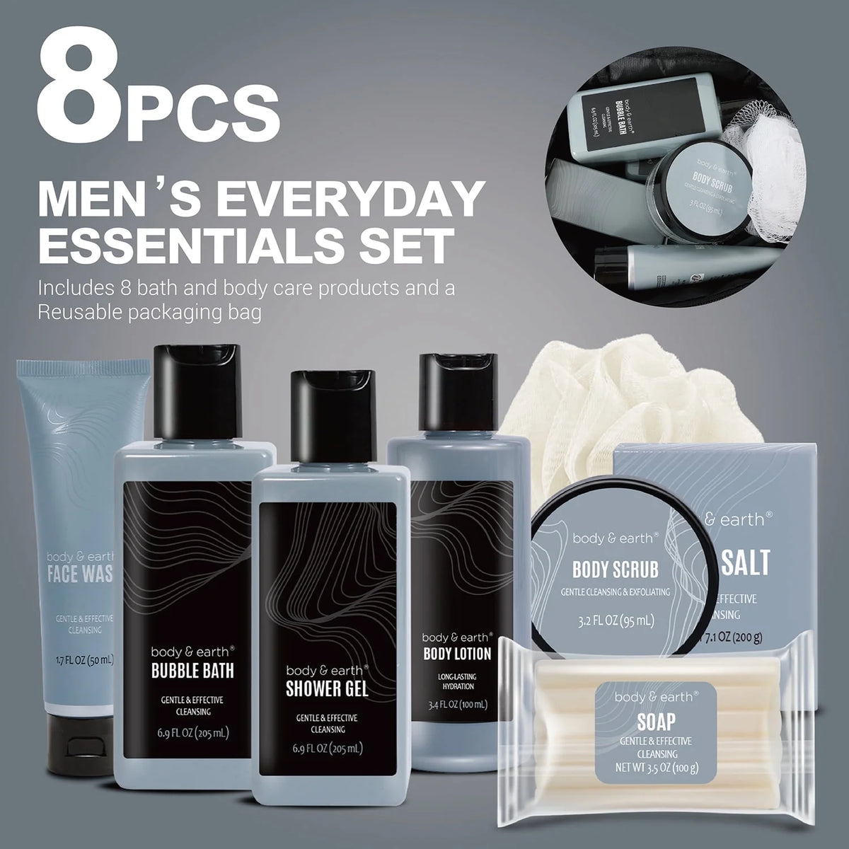Bath Body Care Spa Gift Basket Sets for Men - 8 Pcs Luxury Leathers Scented Skin Self Care Kit Birthday Gifts for Him Grandpa