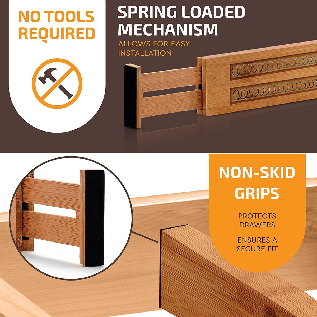 6-Pack Bamboo Drawer Dividers - 2.6 in High, Adjustable 16 to 22 in Expandable Drawer Organizers and Dresser Separators for Clothes, Bedroom, Bathroom, Kitchen, and Office Organization and Storage